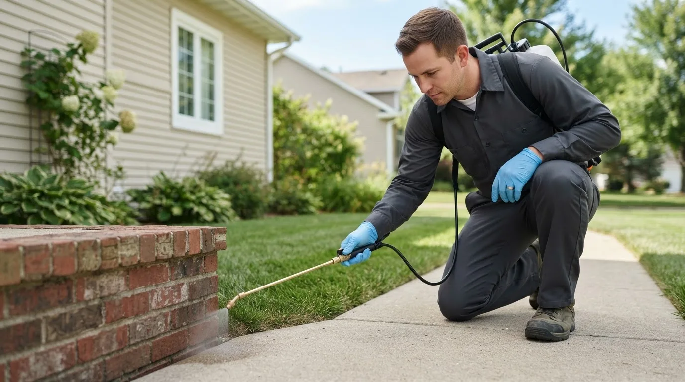 Pest control technician treating a home near Granby, VT